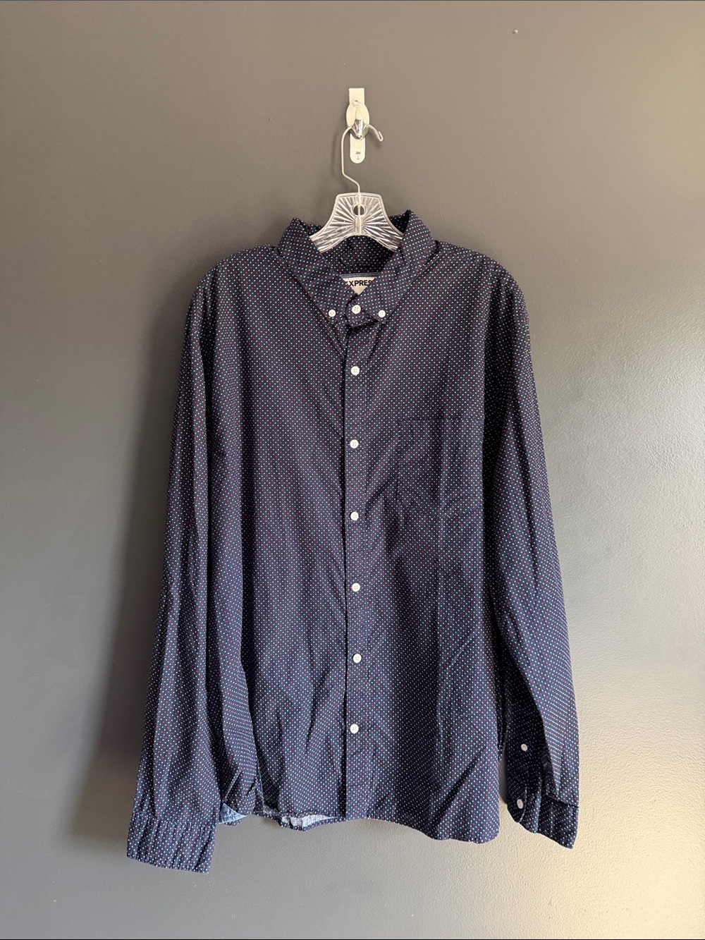 Express Men's Navy Button-Down Shirt with Micro Dot Pattern